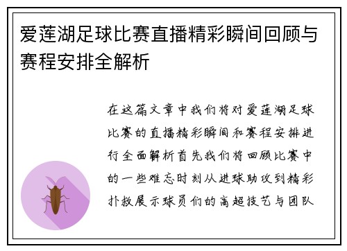 爱莲湖足球比赛直播精彩瞬间回顾与赛程安排全解析